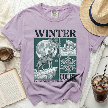 Purple t-shirt with "WINTER COURT" graphic featuring a wolf.