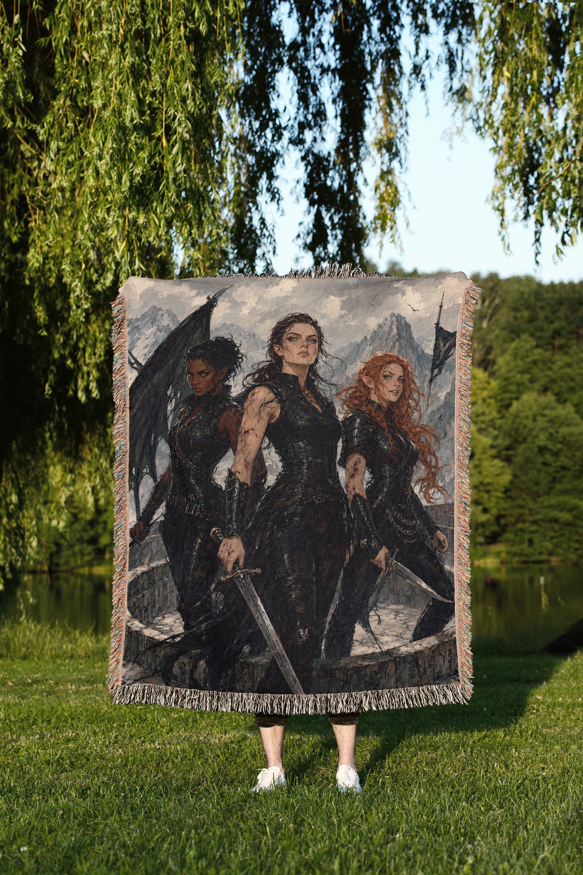 A person is standing in a grassy area, holding a large tapestry or blanket that features a painting of three women with dark clothing and weapons.