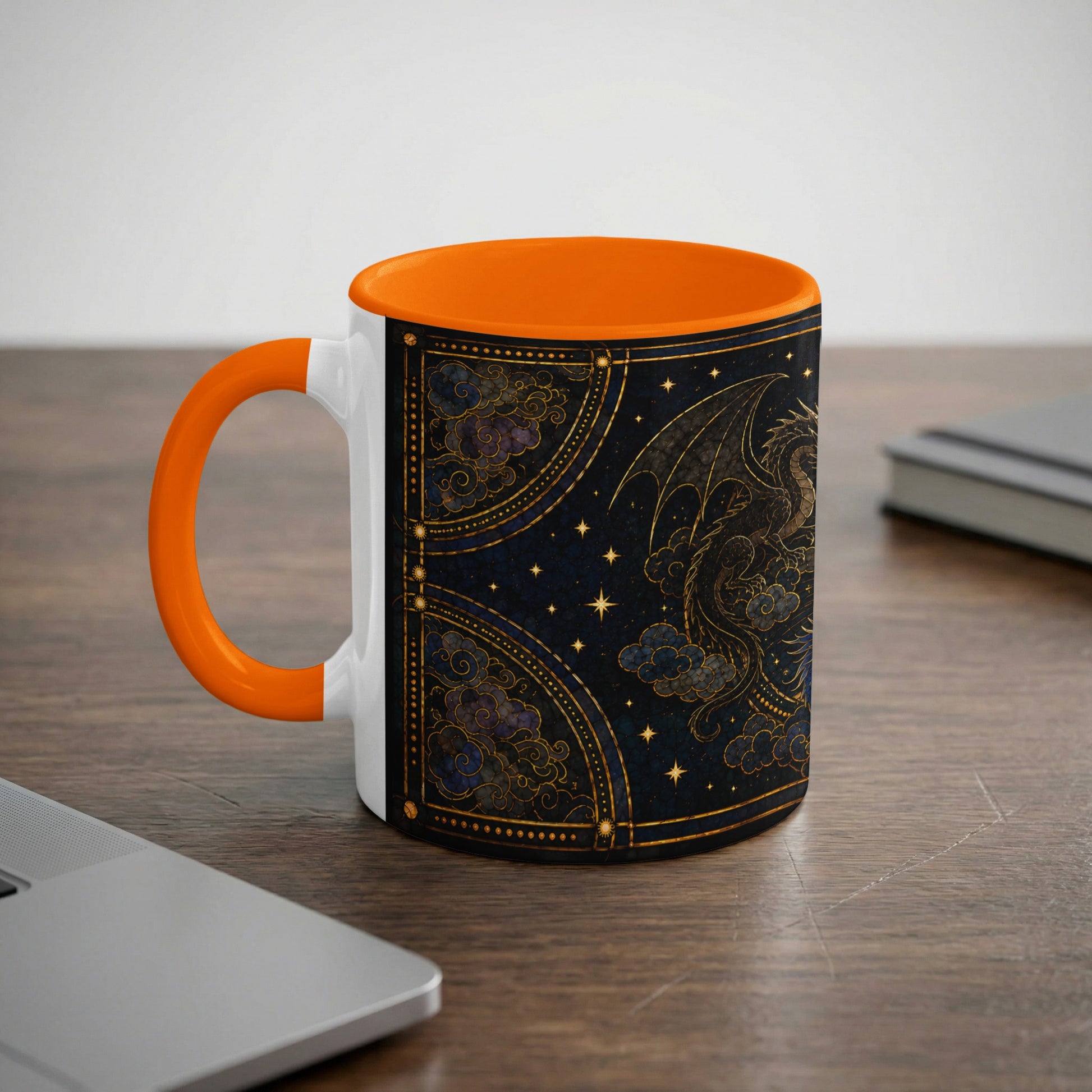 Mug with orange handle featuring a dark background and a golden dragon design.