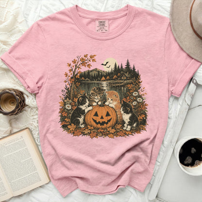 Pink t-shirt with kittens and jack-o'-lantern Halloween graphic.