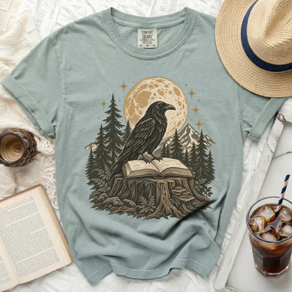 Raven perched on open book on tree stump under full moon and stars.