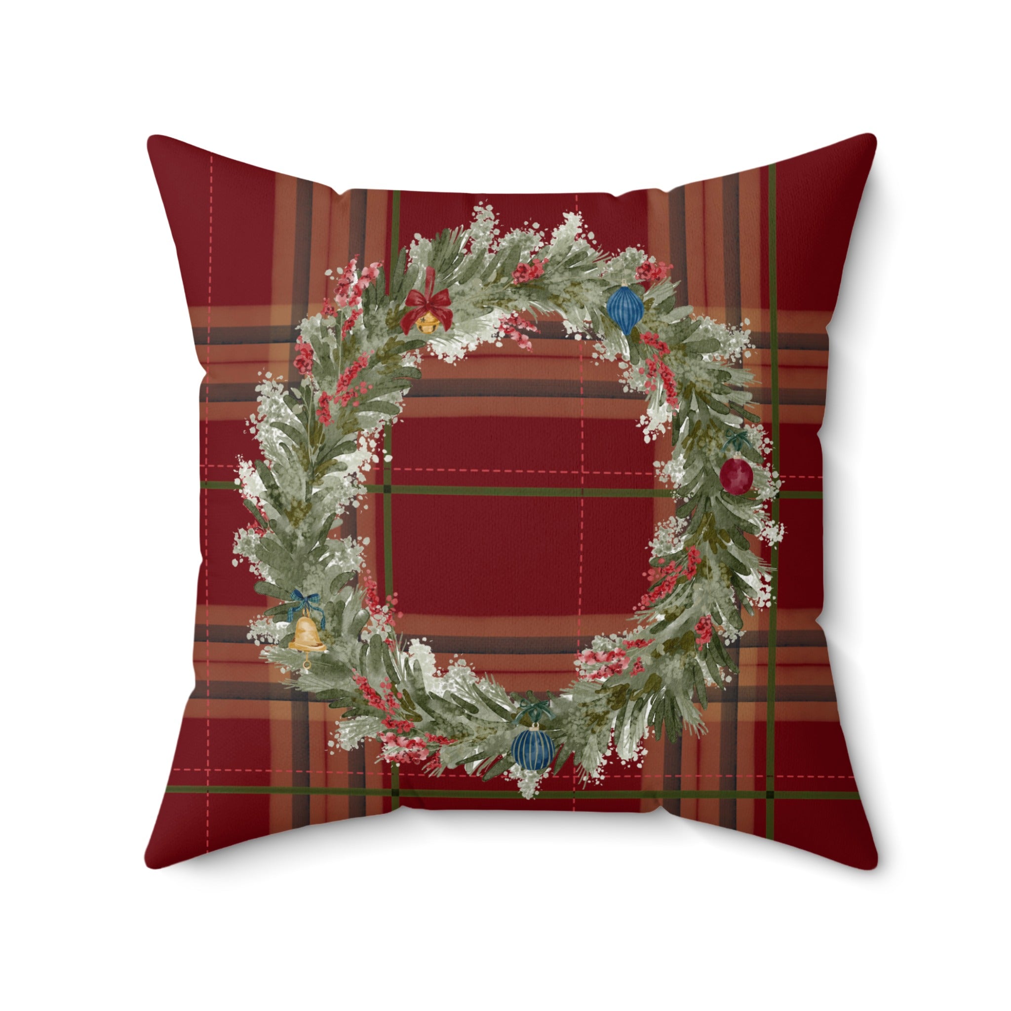 Festive Plaid Pillow with Holiday Wreath Design