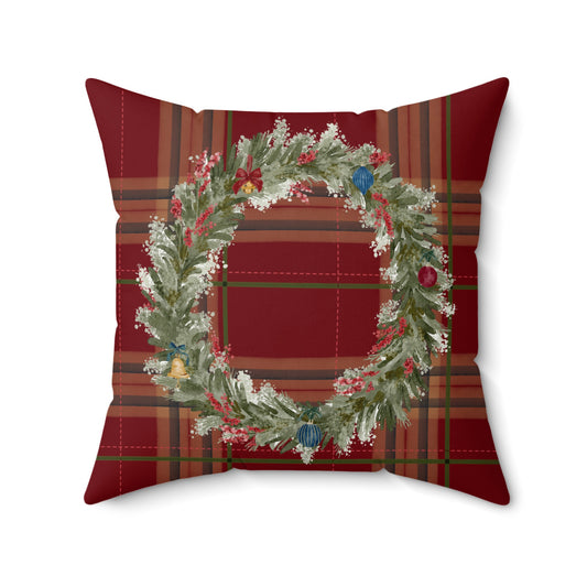 Festive Plaid Pillow with Holiday Wreath Design