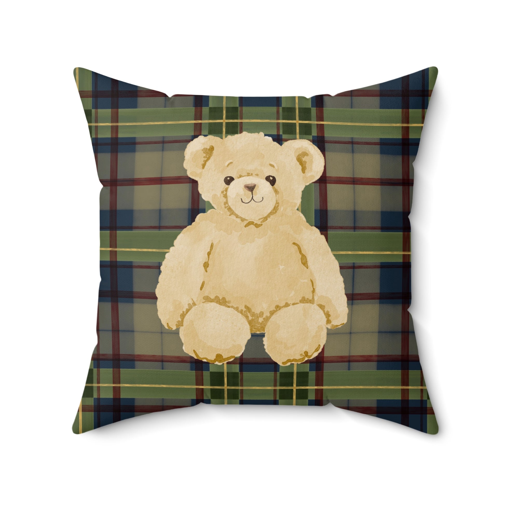 Cute Plush Teddy Bear on Plaid Pattern Throw Pillow