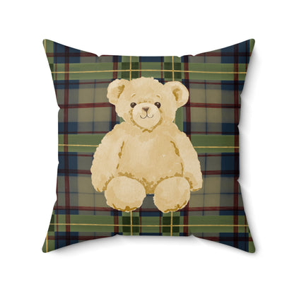 Cute Plush Teddy Bear on Plaid Pattern Throw Pillow