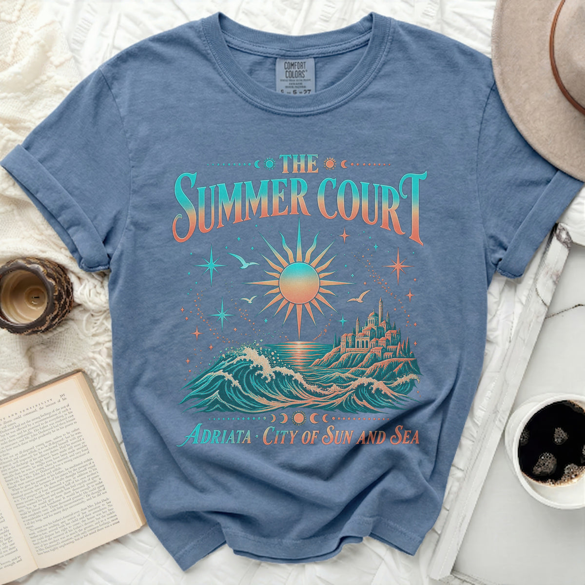 Blue t-shirt with "The Summer Court" and "Adriata City of Sun and Sea" text.