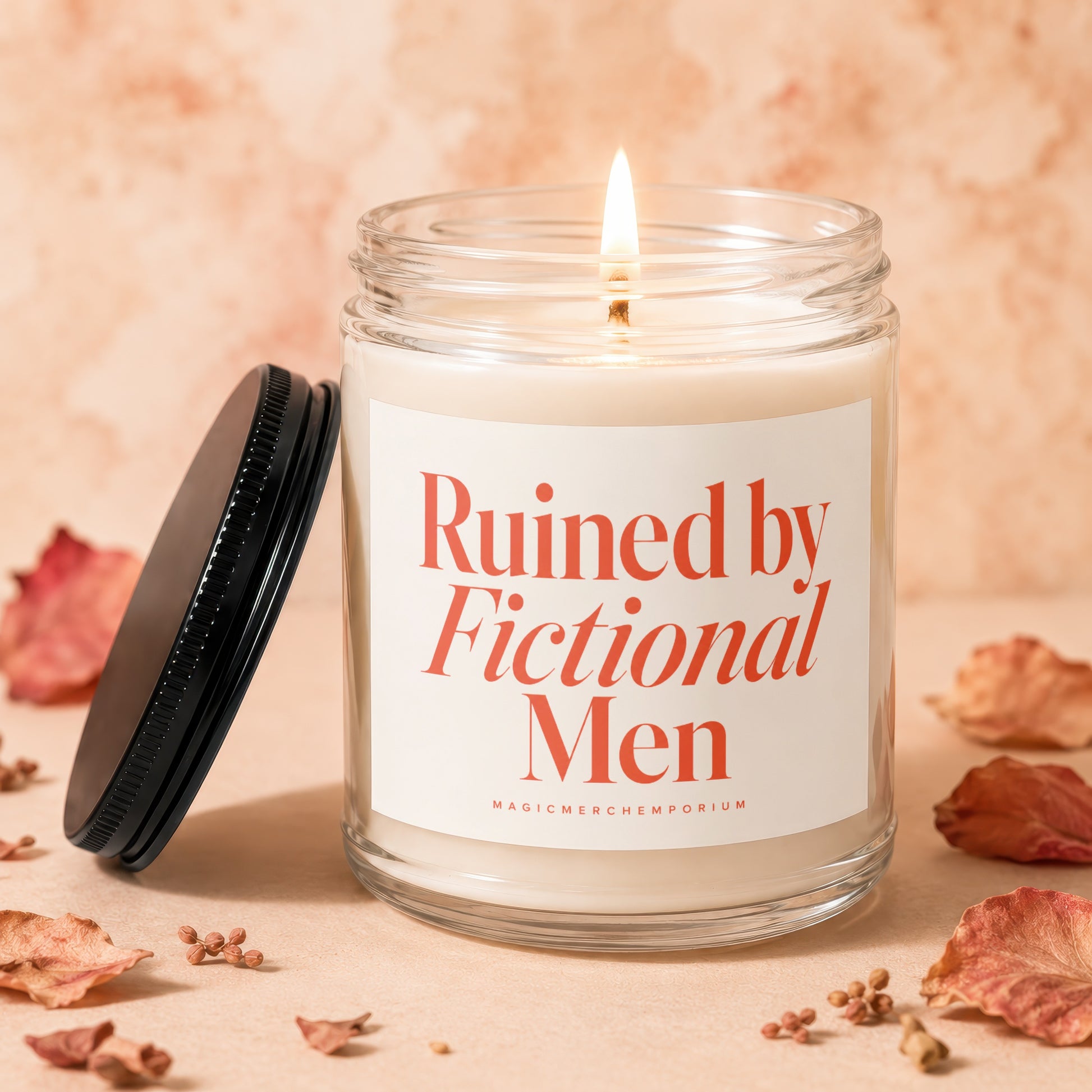 Candle with lit wick, text "Ruined by Fictional Men".