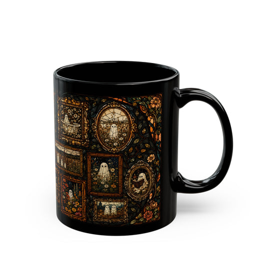 Black mug with a stained-glass style design of various ghosts in floral settings.