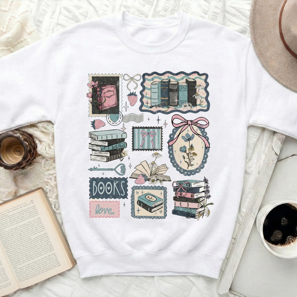 Vintage Stamps Books Sweatshirt in White
