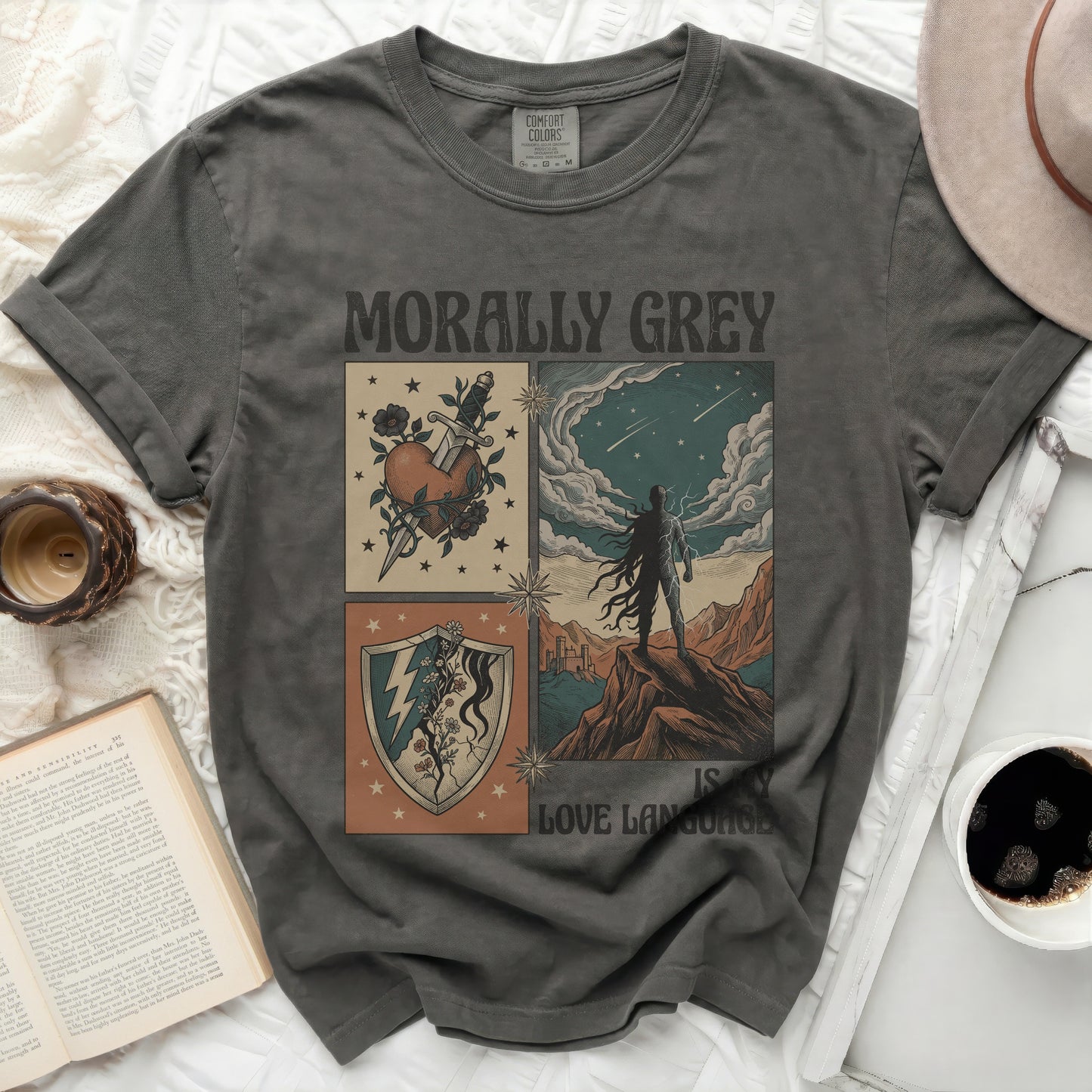 Dark grey t-shirt with "Morally Grey is Love Language" graphic.