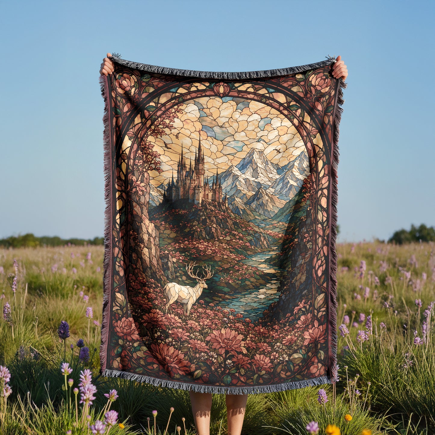A person holds up a colorful, intricately designed tapestry featuring a castle, mountains, and a deer in a field with purple flowers.