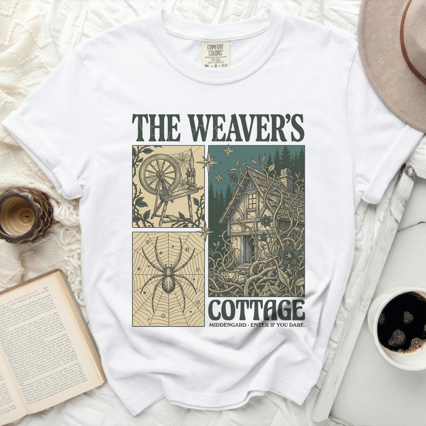 The Weaver's Cottage shirt features four panels: a spinning wheel, a cottage, a spider, and text.