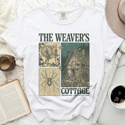 The Weaver's Cottage shirt features four panels: a spinning wheel, a cottage, a spider, and text.