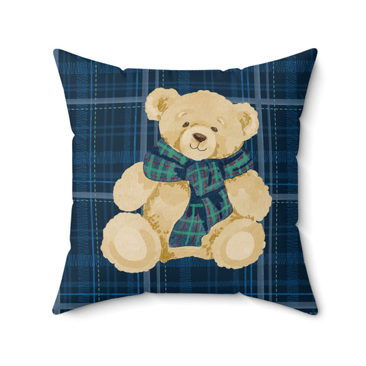Adorable Teddy Bear Design on Blue Plaid Throw Pillow