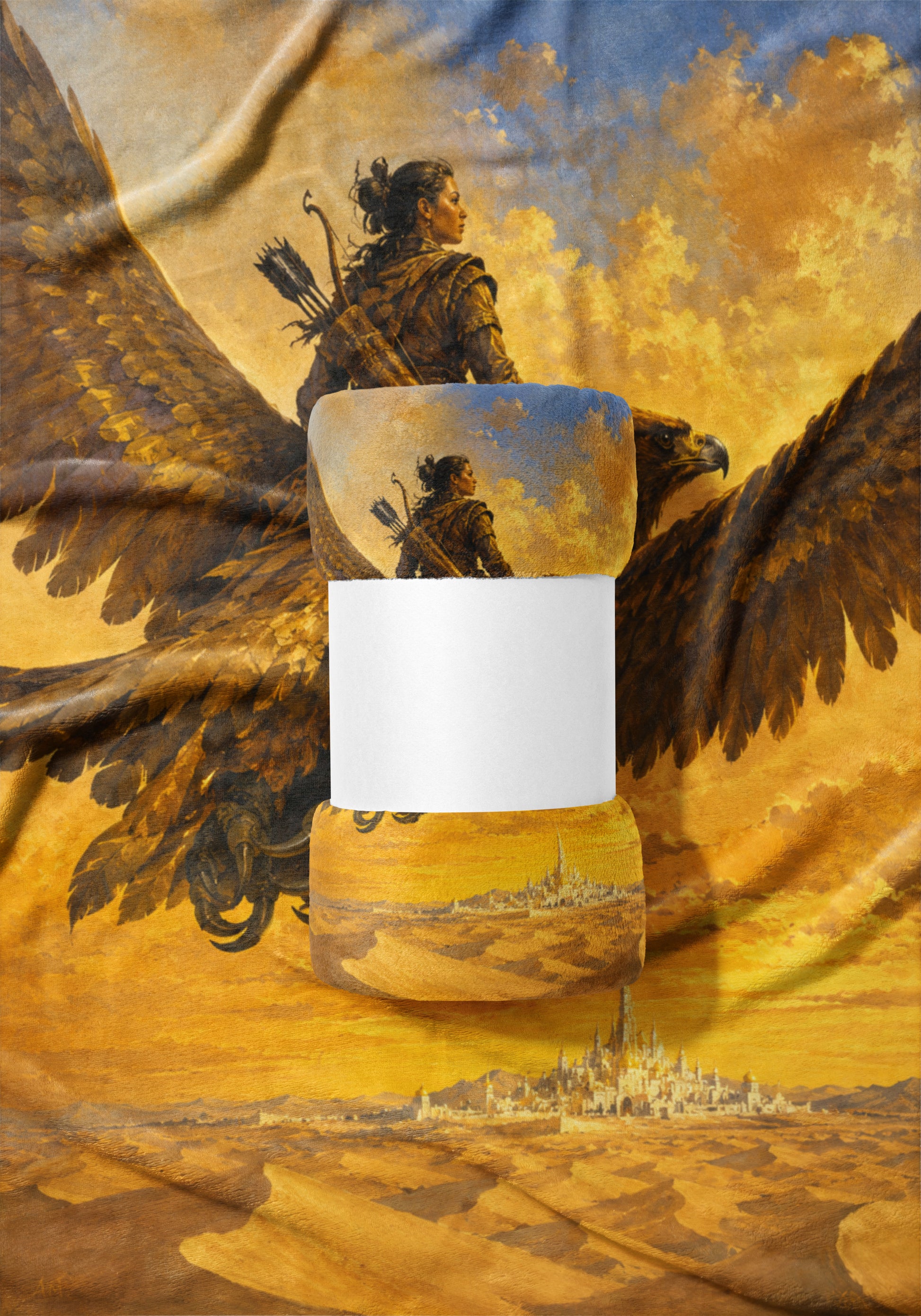 Fantasy art blanket with an archer and eagle over a desert city skyline.