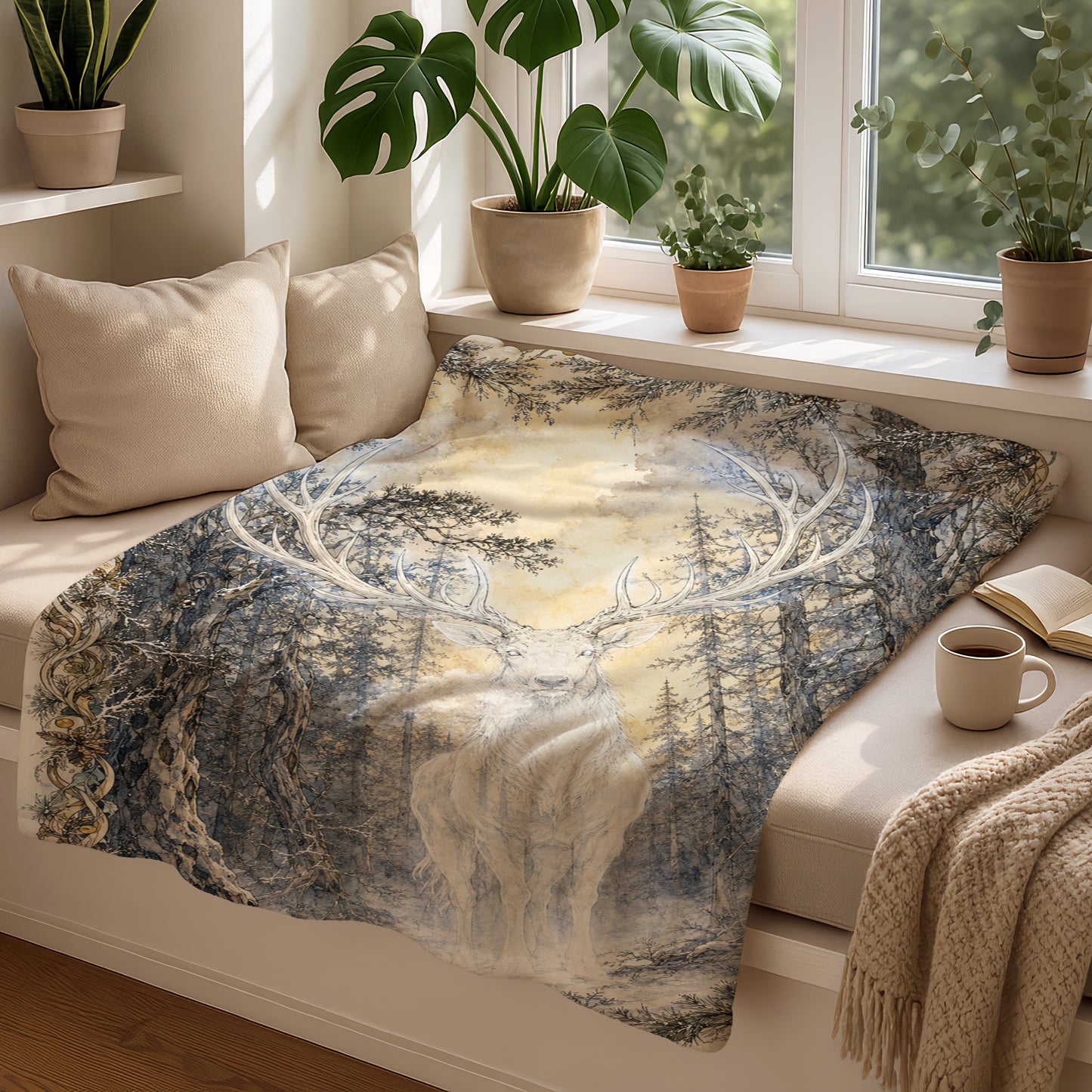 Blanket with a detailed illustration of a white stag in a forest.