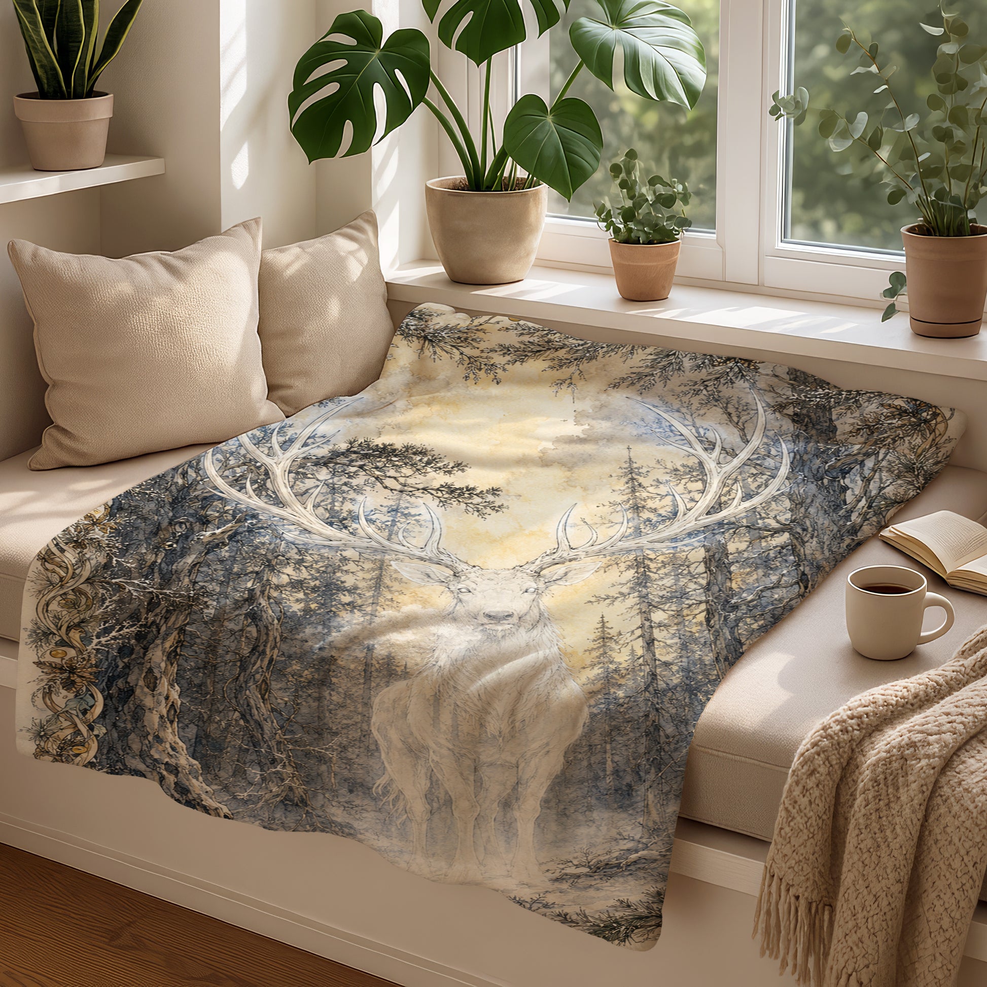 Blanket with a detailed illustration of a white stag in a forest.