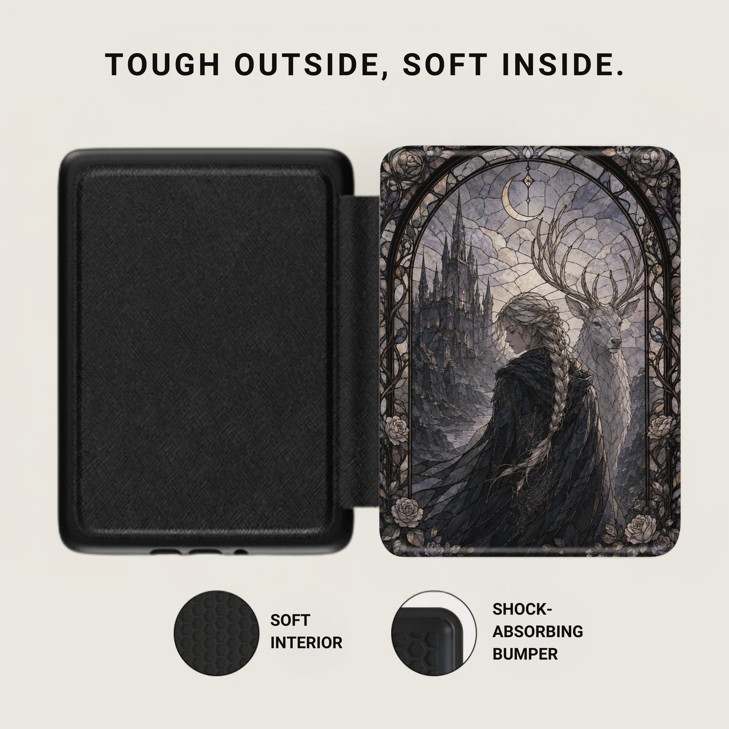 Black case with stained glass art of woman, castle, and deer.