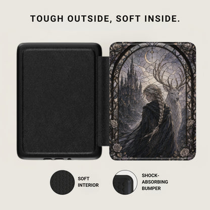 Black case with stained glass art of woman, castle, and deer.