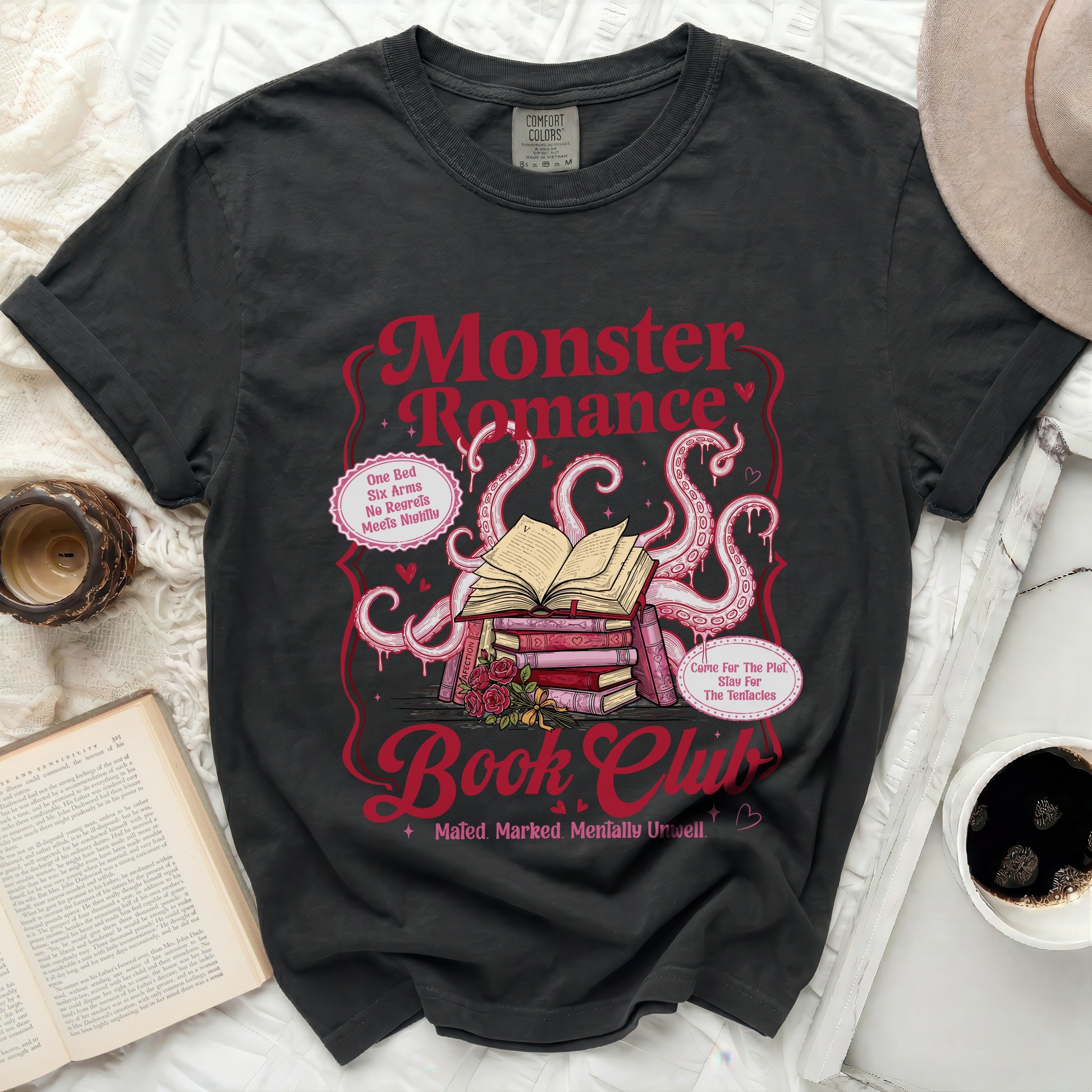 Monster Romance Book Club t-shirt with tentacles, books, and roses.
