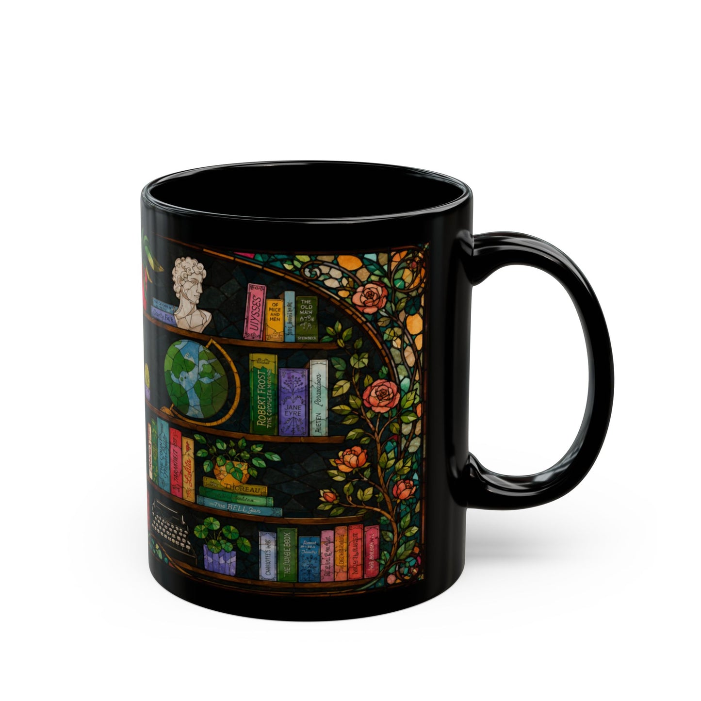 Black mug with stained-glass design featuring books, roses, a bust, and globe.