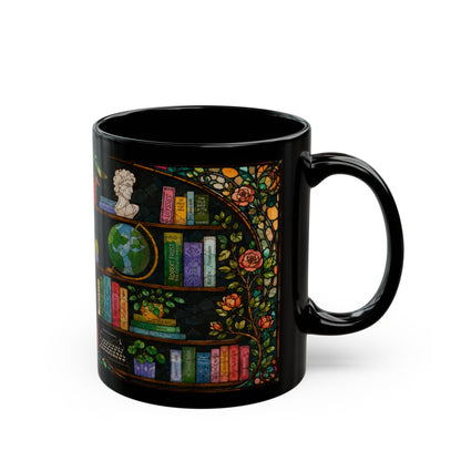 Black mug with stained-glass design featuring books, roses, a bust, and globe.