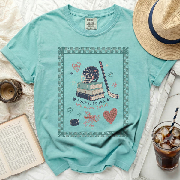 Pucks, Books, Slow Burns Tee in Island Reef