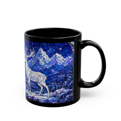 A black ceramic mug featuring a blue stained-glass winter scene with a white stag and mountains.