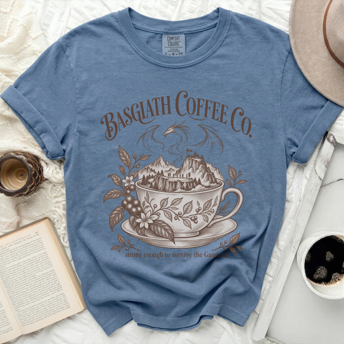 Basglath Coffee Co. t-shirt with dragon, mountains, and coffee plant design.
