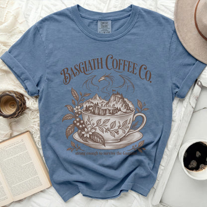 Basglath Coffee Co. t-shirt with dragon, mountains, and coffee plant design.