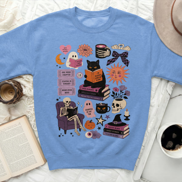 Haunted Bookworm Sweatshirt in Carolina Blue