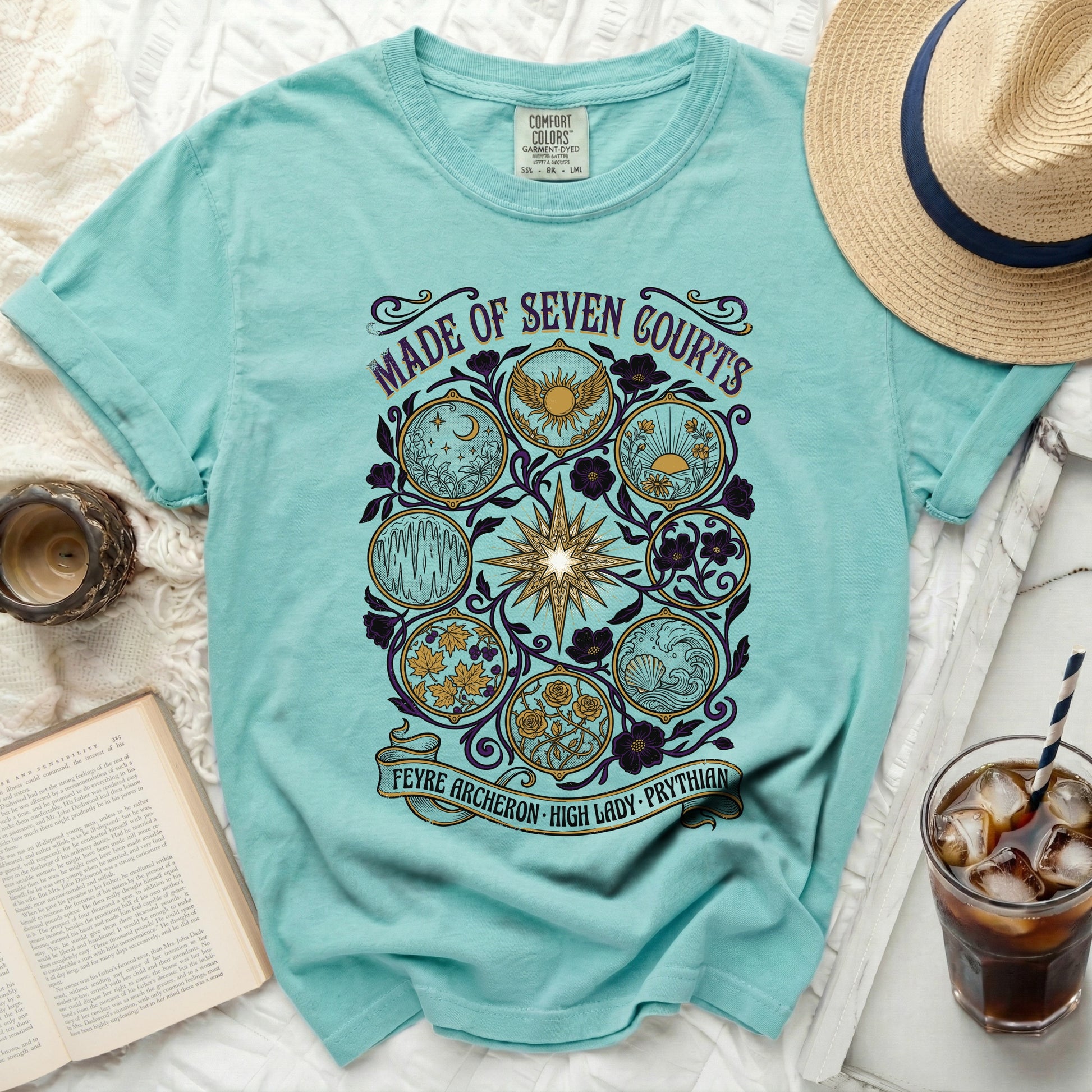 Teal t-shirt with "Made of Seven Courts" and "Feyre Archeron High Lady Prythian" text.