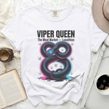 White t-shirt with a neon snake and skulls graphic and text.