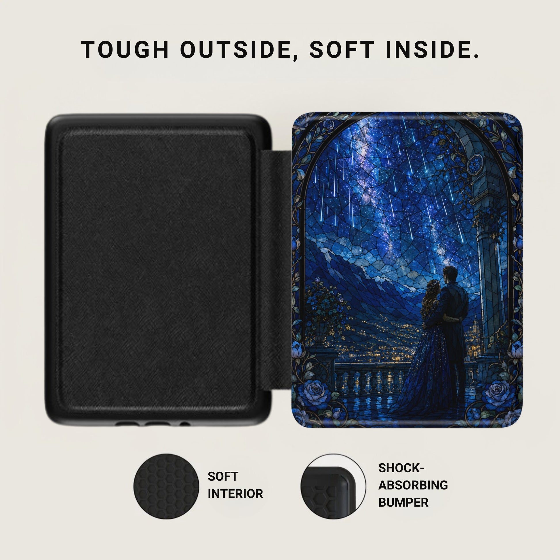 Black case with a stained glass scene of a couple under a starry sky.