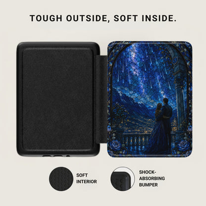Black case with a stained glass scene of a couple under a starry sky.