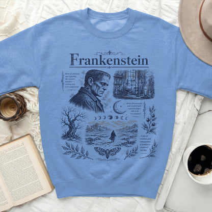 Sweatshirt featuring the title "Frankenstein" and thematic illustrations.
