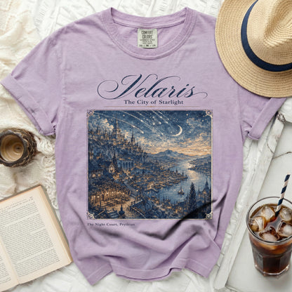 Purple t-shirt with "Velaris The City of Starlight" and fantasy city artwork.