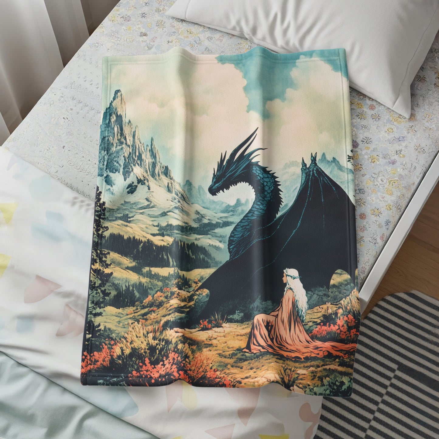 Majestic Dragon and Sorceress Printed Blanket