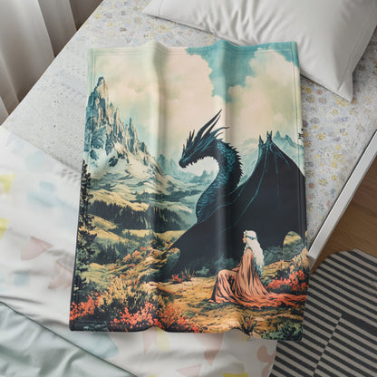 Majestic Dragon and Sorceress Printed Blanket