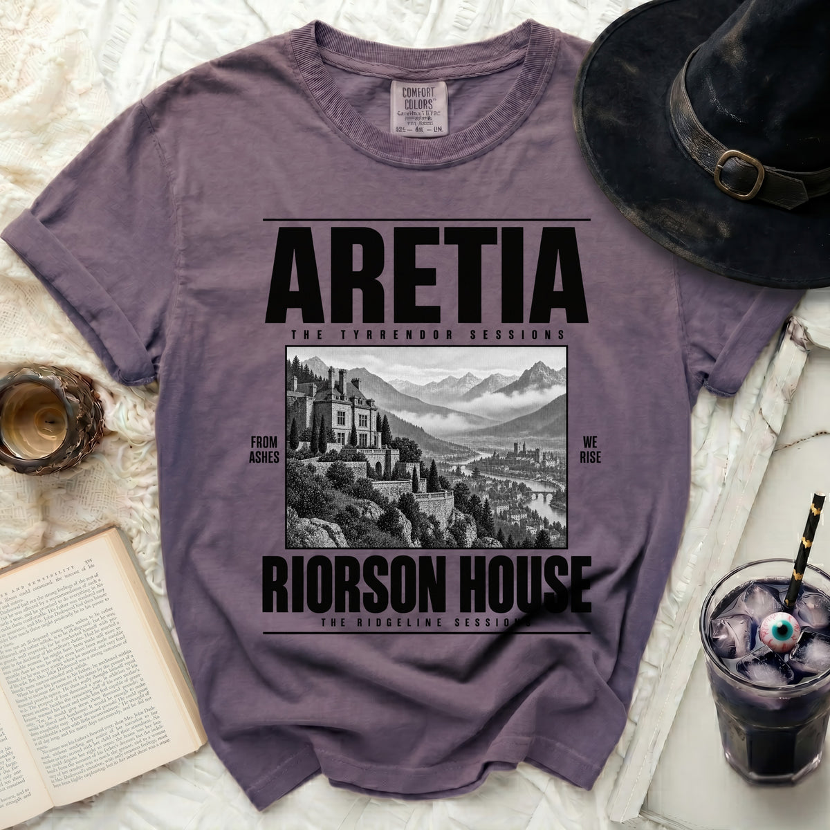 Purple t-shirt with "ARETIA RIORSON HOUSE THE TYRRENDOR SESSIONS" text.