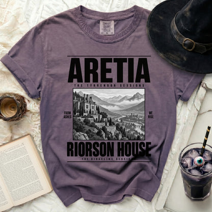 Purple t-shirt with "ARETIA RIORSON HOUSE THE TYRRENDOR SESSIONS" text.