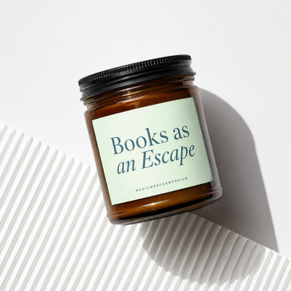 Amber jar candle with "Books as an Escape" text and "MagicMerchEmporium" logo.