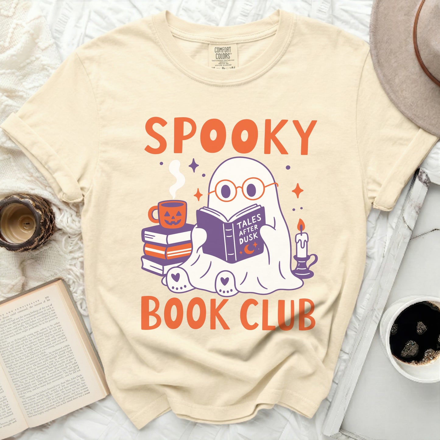 Ghost reading a book with "Tales After Dusk" and "Spooky Book Club" text.