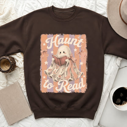 Brown sweatshirt with ghost graphic reading "Haunt to Read."