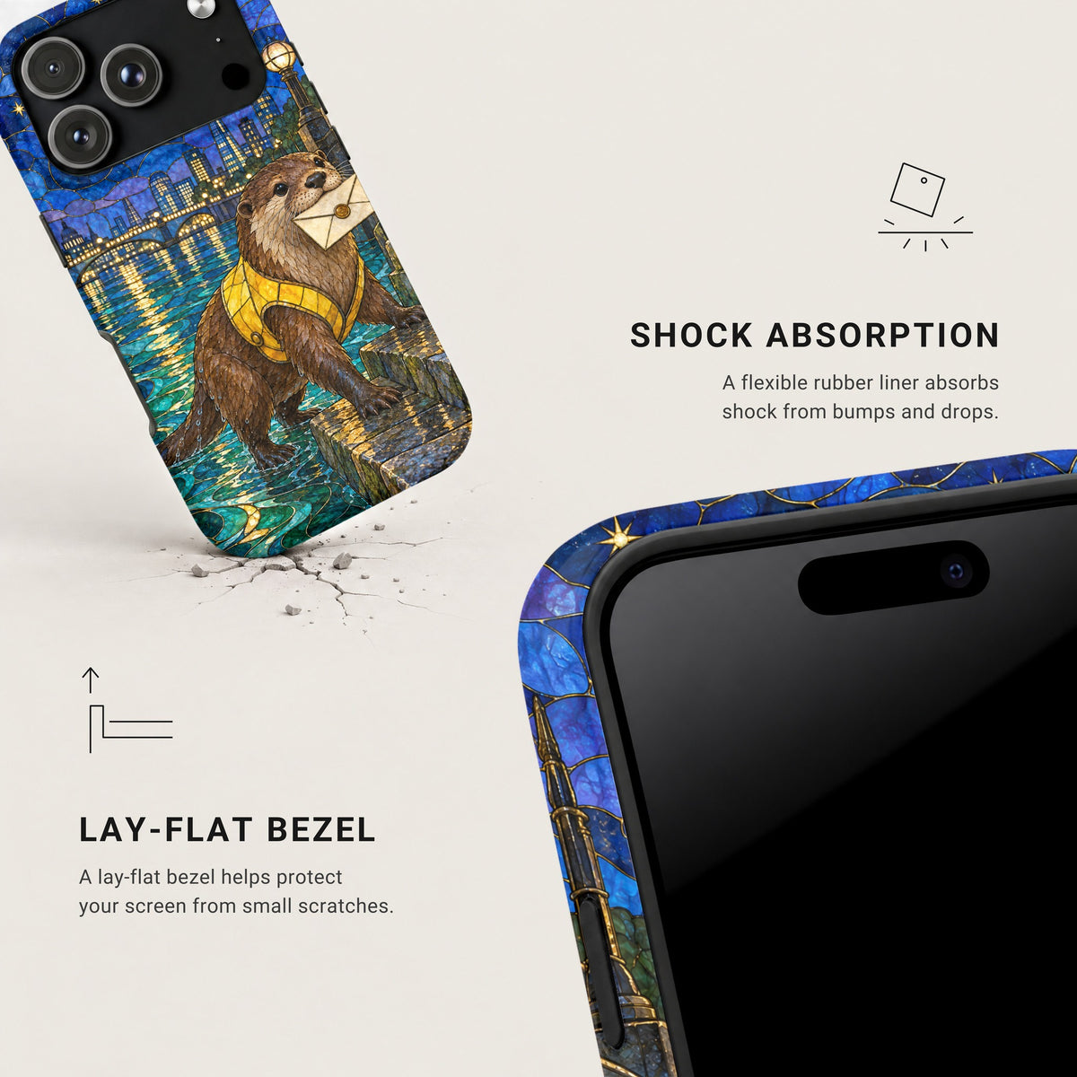 An otter phone case with shock absorption and lay-flat bezel features, highlighting protective drop and scratch elements.