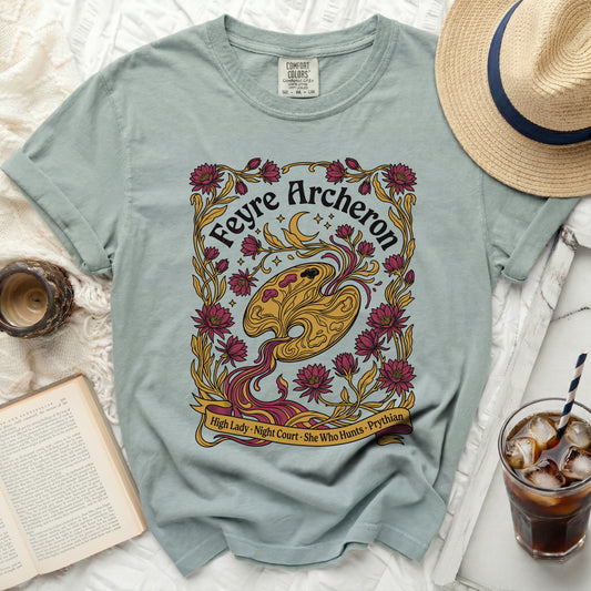 Feyre Archon t-shirt with floral and moon design, "High Lady, Night Court, She Who Hunts, Prythian."