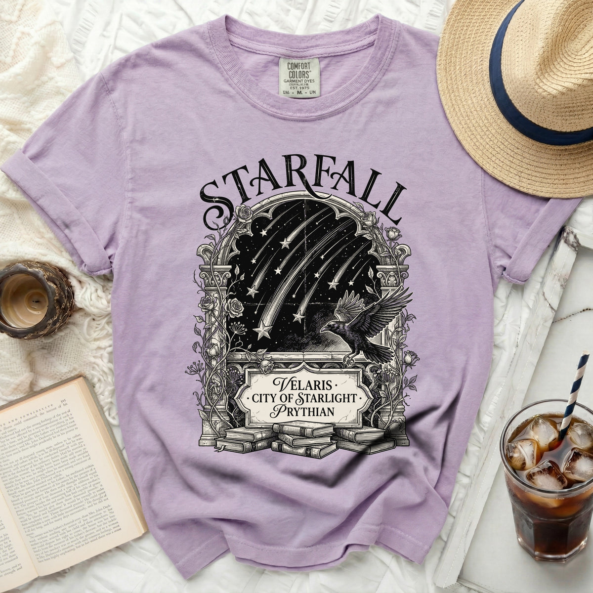 Lavender t-shirt with "Starfall Velaris City of Starlight Prythian" graphic.