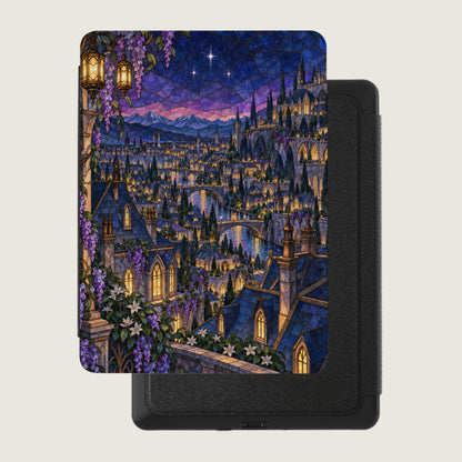 Fantasy city at night with stained glass art, bridges, and glowing windows.