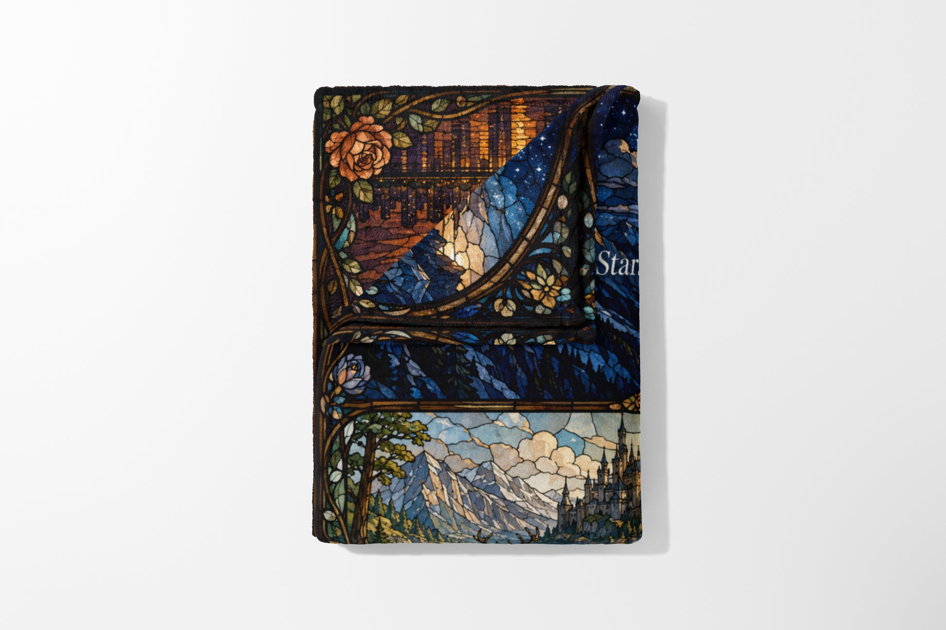 Book cover with stained glass art of mountains, castle, and flowers, with text "Star".