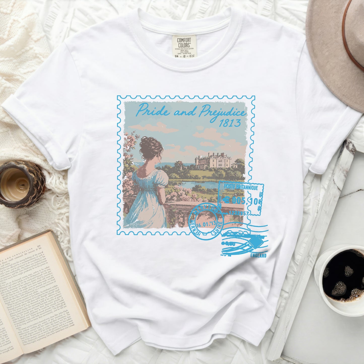 Comfort Colors white t-shirt with "Pride and Prejudice 1813" stamp graphic.